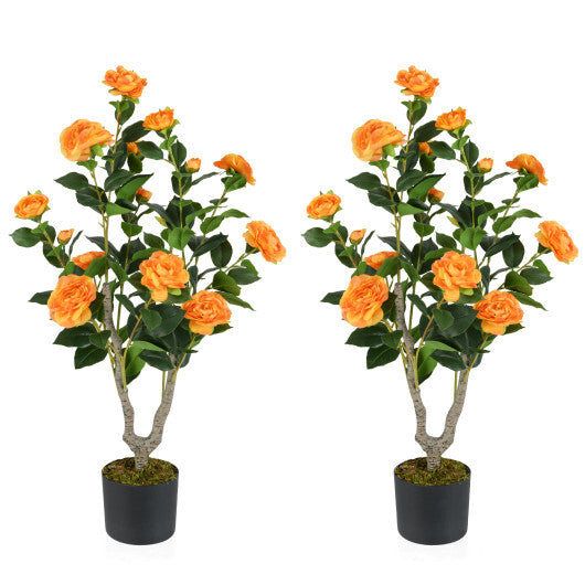 Costway 36 Inch Artificial Camellia Tree with Blooming Flower 2 Pack-Orange