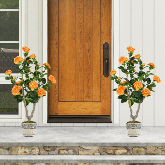 Costway 36 Inch Artificial Camellia Tree with Blooming Flower 2 Pack-Orange