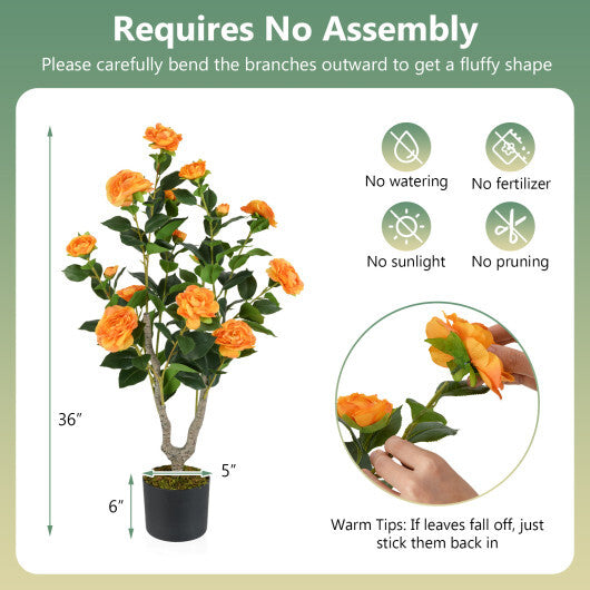Costway 36 Inch Artificial Camellia Tree with Blooming Flower 2 Pack-Orange