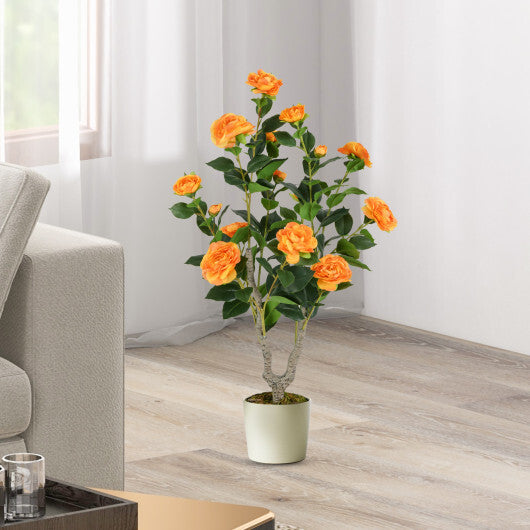 Costway 36 Inch Artificial Camellia Tree with Blooming Flower 2 Pack-Orange