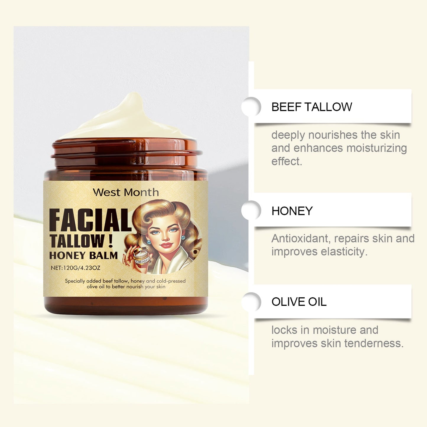 Beef Tallow Face Cream Anti-Wrinkle Moisturizing Dry Improve Redness Soothing Repair Firming Nourishing Smooth Facial Skin Care