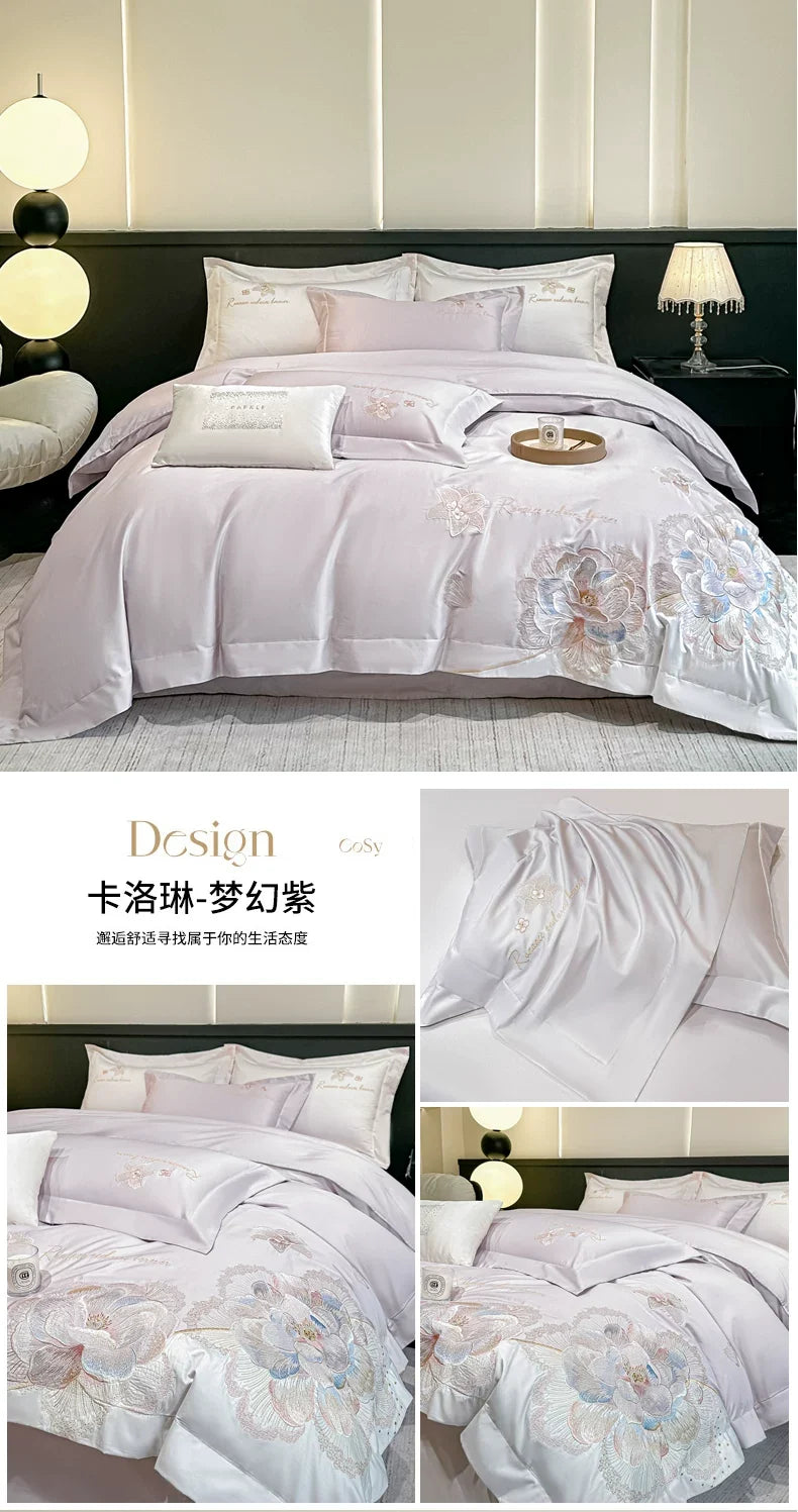 4pcs Light Luxury Style  120 Count Long Styl Cotton polyeste Embroidered Bedding Duvet Cover 200x230 220x240 Four Seasons