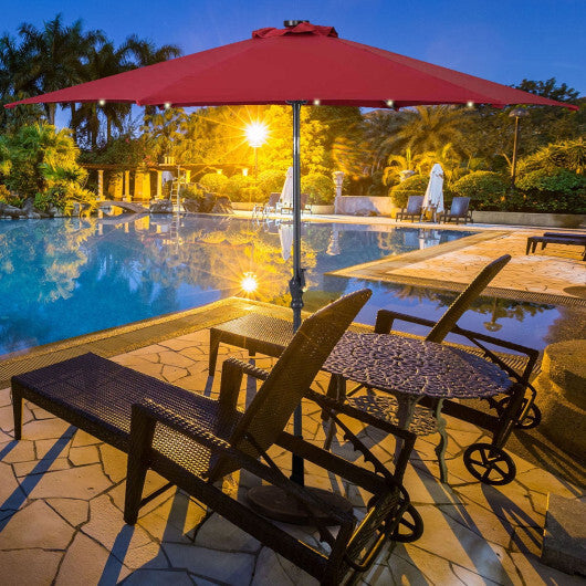 9FT Patio Solar Umbrella LED Patio Market Steel Tilt W/ Crank Outdoor New-Tan