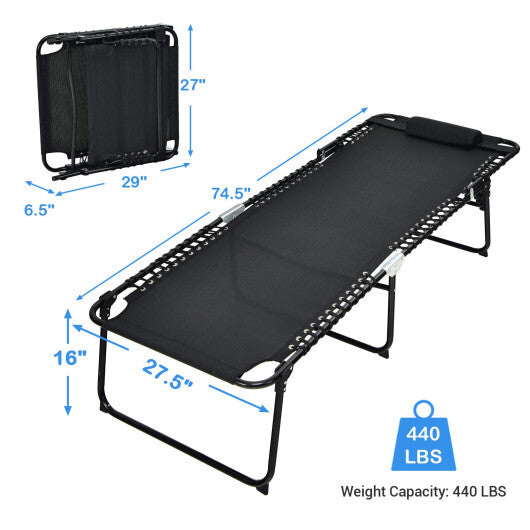 4 Position Folding Lounge Chaise with Adjustable Backrest and Footrest-Black - Color: Black