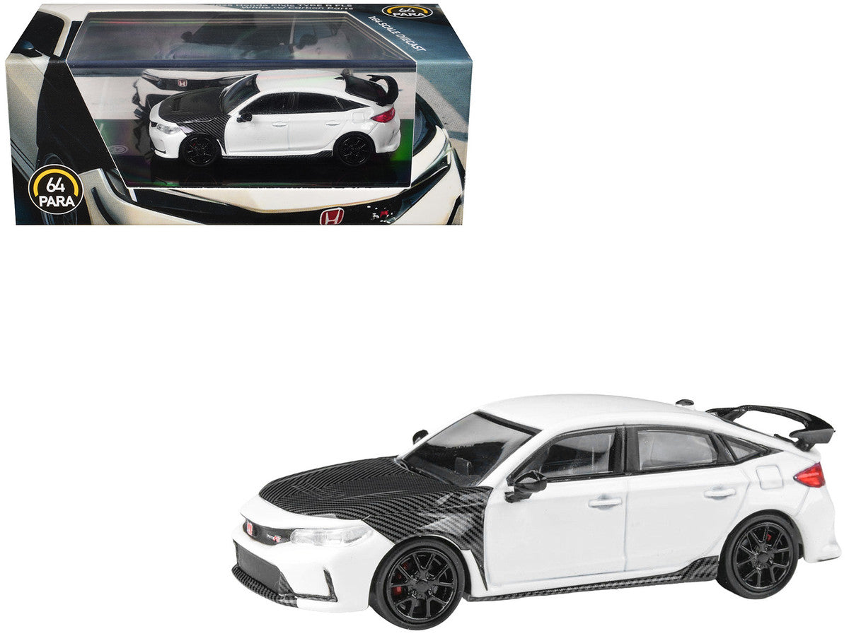 2025 Honda Civic Type R FL5 White with Carbon Hood and Accents 1/64 Diecast Model Car by Paragon Models