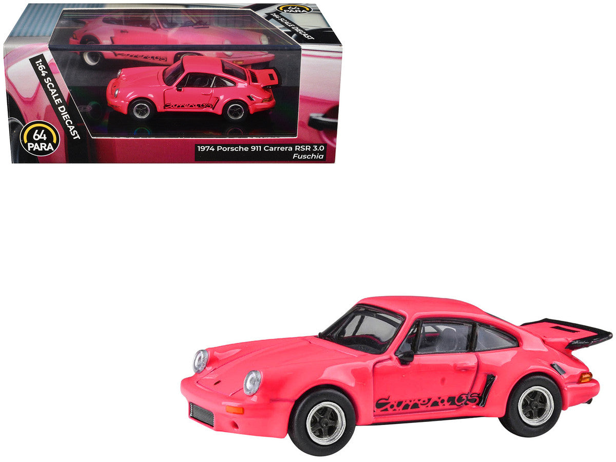 1974 Porsche 911 Carrera RSR 3.0 Fuchsia with Black Stripes 1/64 Diecast Model Car by Paragon Models