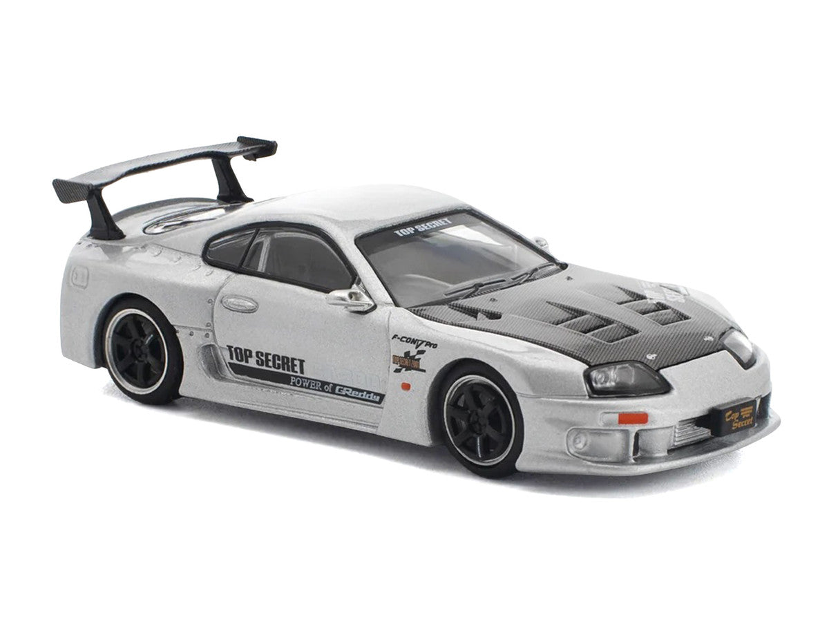 Toyota Supra "Top Secret" GT300 RHD (Right Hand Drive) Silver Metallic with Carbon Hood 1/64 Diecast Model Car by Pop Race