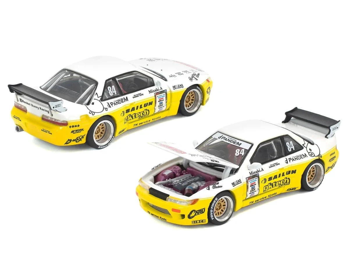 Pandem S13 RHD (Right Hand Drive) #84 White and Yellow with Graphics 1/64 Diecast Model Car by Pop Race