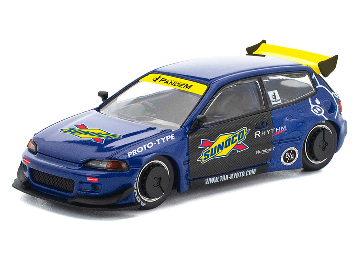 Pandem Civic EG6 RHD (Right Hand Drive) "Sunoco" Blue Metallic with Yellow Accents 1/64 Diecast Model Car by Pop Race
