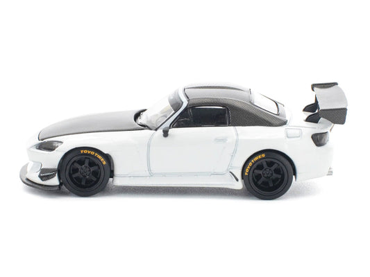 Honda Pandem S2000 RHD (Right Hand Drive) White with Carbon Hood and Top 1/64 Diecast Model Car by Pop Race