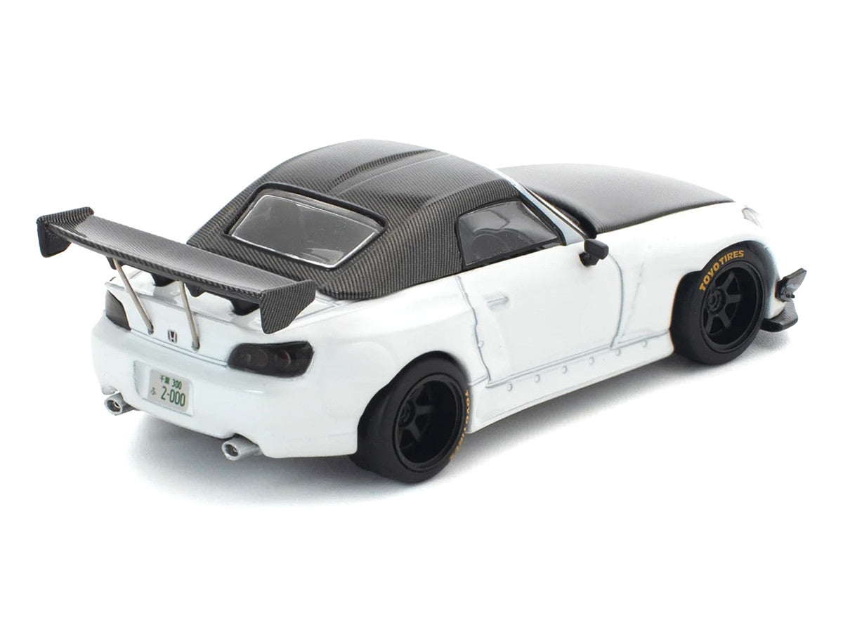 Honda Pandem S2000 RHD (Right Hand Drive) White with Carbon Hood and Top 1/64 Diecast Model Car by Pop Race