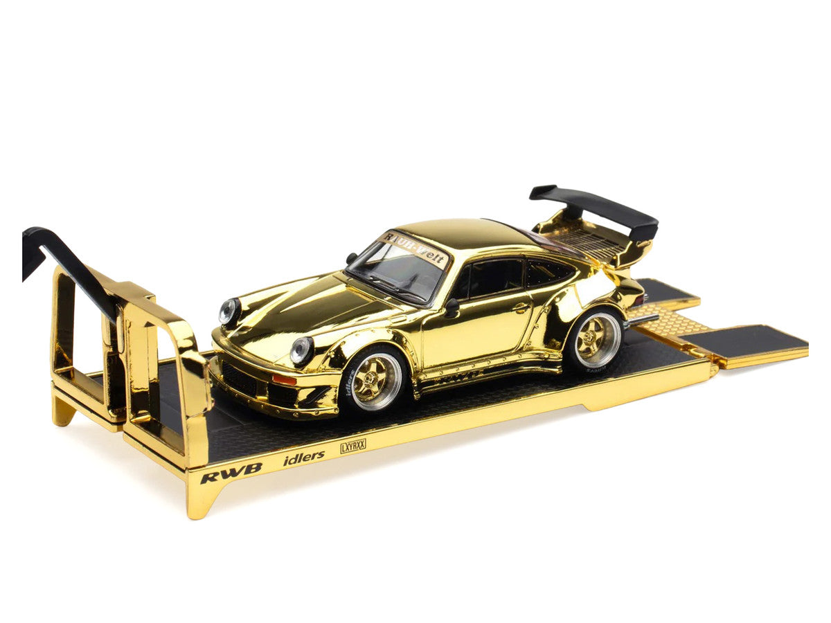Nissan Pandem Fuso-300 Flatbed Truck RHD (Right Hand Drive) Gold Chrome and RWB 930 Gold Chrome with Graphics 2 Car Box Set "Hobby Expo China 2026" 1/64 Diecast Model Car by Pop Race