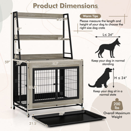 Industrial Dog Kennel Dog Crate Furniture with Storage Shelves-Rustic Brown