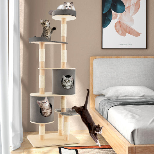 6-Tier Wooden Cat Tree with 2 Removeable Condos Platforms and Perch-Brown