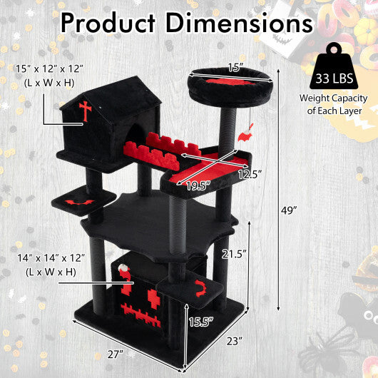 Gothic Cat Tree 49 Inch Tall Cat Tower 6-Tier Cat Activity Center with Coffin Bed-Black