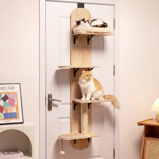 Door Hanging Cat Climber 4-level Height Adjustable with Plush Bed-Beige