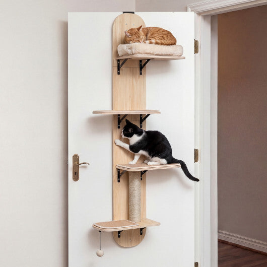 Door Hanging Cat Climber 4-level Height Adjustable with Plush Bed-Beige