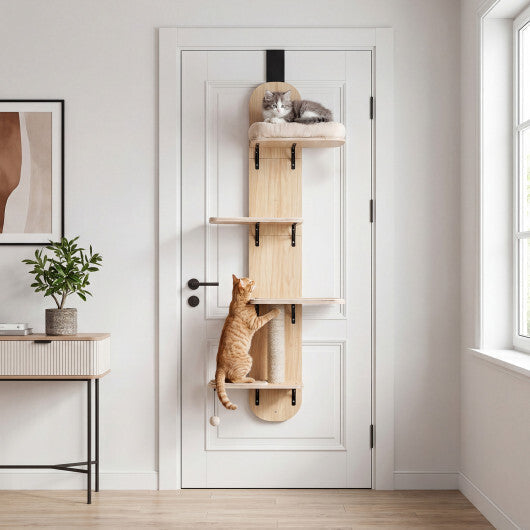 Door Hanging Cat Climber 4-level Height Adjustable with Plush Bed-Beige