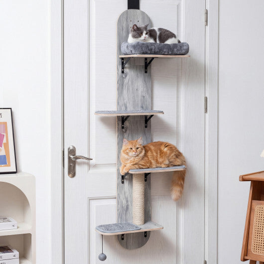 Door Hanging Cat Climber 4-level Height Adjustable with Plush Bed-Beige