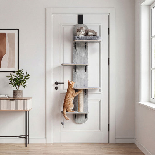 Door Hanging Cat Climber 4-level Height Adjustable with Plush Bed-Beige