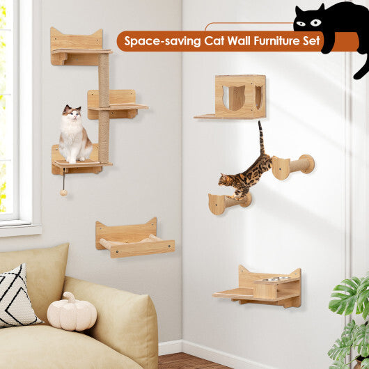 6 Pieces Cat Wall Furniture Set Kitten Wall Mounted Shelves-Natural