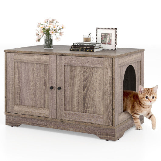 Cat Litter Box Enclosure Furniture Indoor Wooden Cat House End Side Table Nightstand-Brown