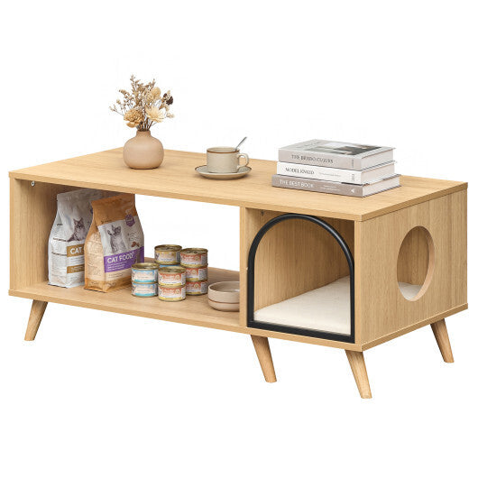 40 Inch Coffee Table Cat House 2-in-1 Wooden Kitten Furniture with Open Storage Shelf-Natural