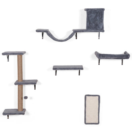 5-in-1 Cat Wall Shelves with Condo Bridge Perch Platform Scratching Post and Board for Indoor-Gray