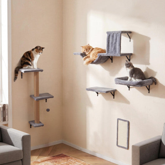 5-in-1 Cat Wall Shelves with Condo Bridge Perch Platform Scratching Post and Board for Indoor-Gray