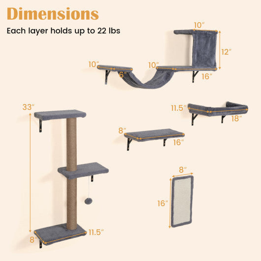 5-in-1 Cat Wall Shelves with Condo Bridge Perch Platform Scratching Post and Board for Indoor-Gray