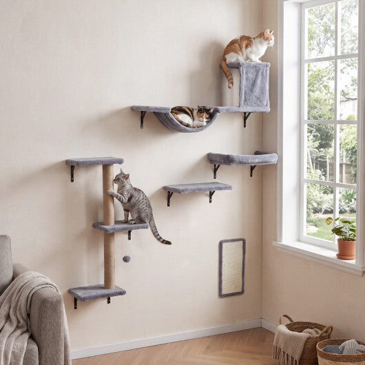 5-in-1 Cat Wall Shelves with Condo Bridge Perch Platform Scratching Post and Board for Indoor-Gray