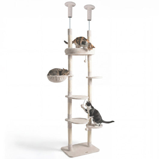 6-tier Floor to Ceiling Cat Tree with Plush Bed and Sisal Scratching Posts-Gray