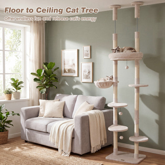 6-tier Floor to Ceiling Cat Tree with Plush Bed and Sisal Scratching Posts-Gray