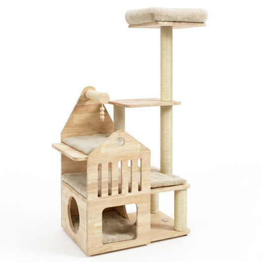 48.5" Multi-Level Solid Wood Cat Tree for Indoor Cats with Padded Top Perch Cat Condo and Sisal Scratching Posts-Gray