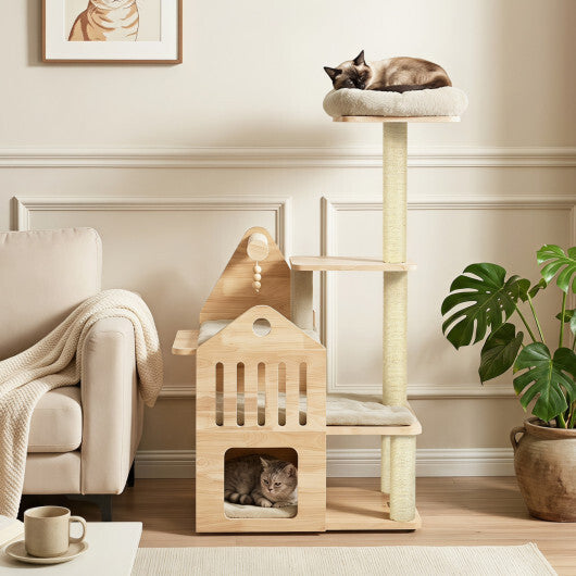 48.5" Multi-Level Solid Wood Cat Tree for Indoor Cats with Padded Top Perch Cat Condo and Sisal Scratching Posts-Gray