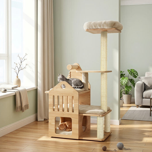 48.5" Multi-Level Solid Wood Cat Tree for Indoor Cats with Padded Top Perch Cat Condo and Sisal Scratching Posts-Gray