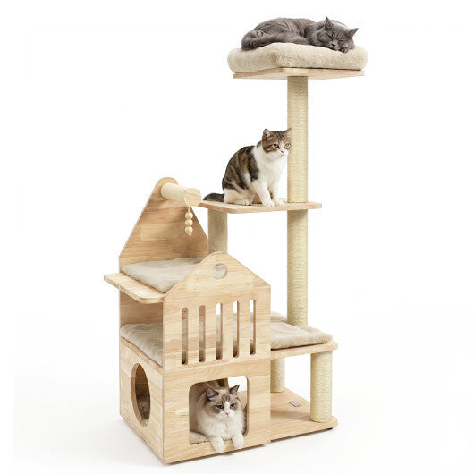 48.5" Multi-Level Solid Wood Cat Tree for Indoor Cats with Padded Top Perch Cat Condo and Sisal Scratching Posts-Gray