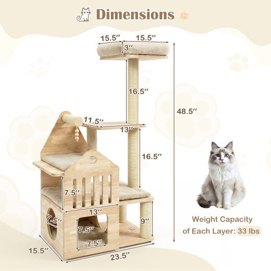 48.5" Multi-Level Solid Wood Cat Tree for Indoor Cats with Padded Top Perch Cat Condo and Sisal Scratching Posts-Gray