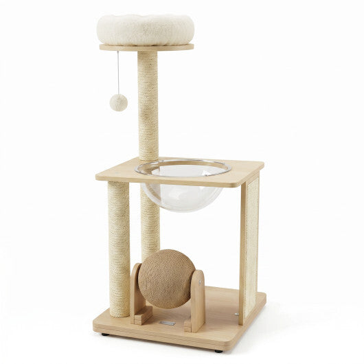 40" Solid Wood Cat Tree with Space Capsule & Sisal Posts and Scratching Board-Natural