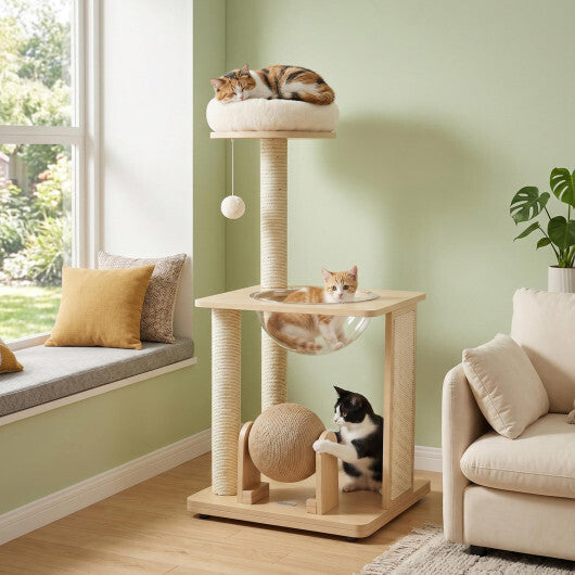 40" Solid Wood Cat Tree with Space Capsule & Sisal Posts and Scratching Board-Natural
