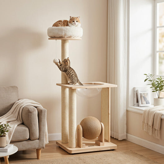40" Solid Wood Cat Tree with Space Capsule & Sisal Posts and Scratching Board-Natural