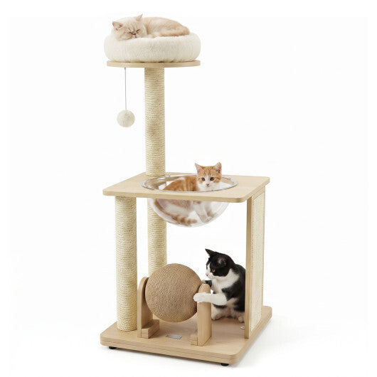 40" Solid Wood Cat Tree with Space Capsule & Sisal Posts and Scratching Board-Natural