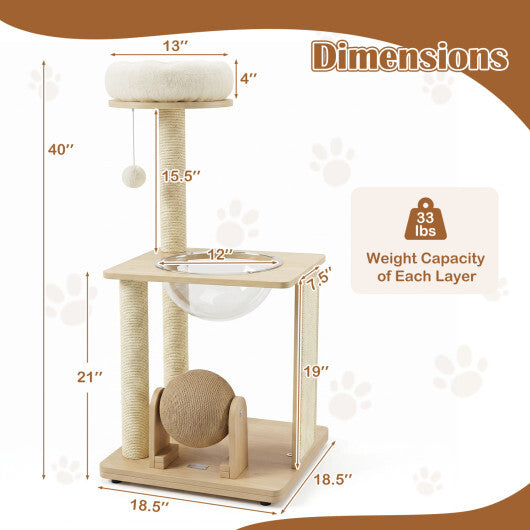 40" Solid Wood Cat Tree with Space Capsule & Sisal Posts and Scratching Board-Natural