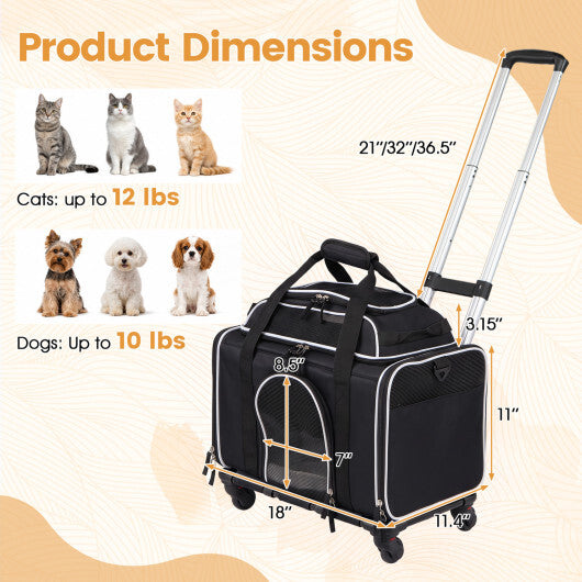 Foldable Pet Carrier with Wheels Airline Approved Rolling Cat and Dog Carrier-Black