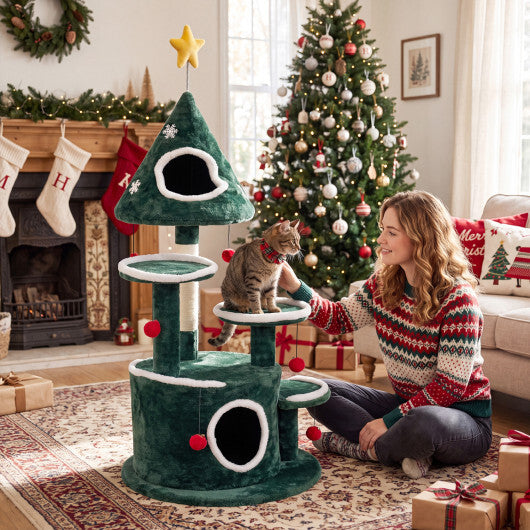 50" Christmas Cat Tree with 2 Condos and Sisal Scratching Post-Green