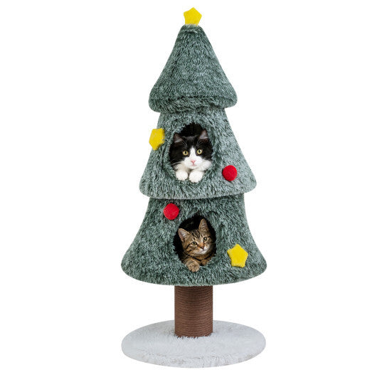 Christmas Cat Tree with 2 Condos Scratching Post and Decorative Stars-Green