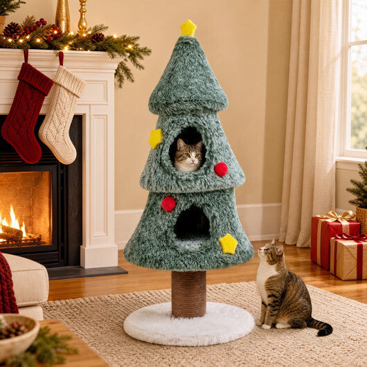 Christmas Cat Tree with 2 Condos Scratching Post and Decorative Stars-Green