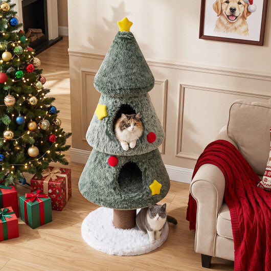 Christmas Cat Tree with 2 Condos Scratching Post and Decorative Stars-Green