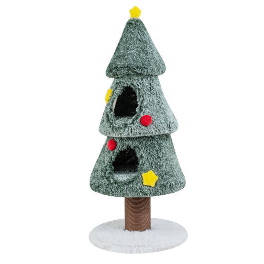 Christmas Cat Tree with 2 Condos Scratching Post and Decorative Stars-Green