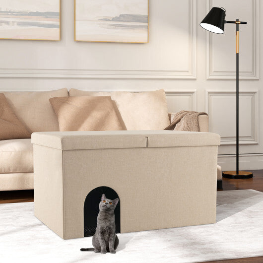 3-in-1 Cat Litter Box Enclosure with Removable & Movable Divider for Pets-Beige